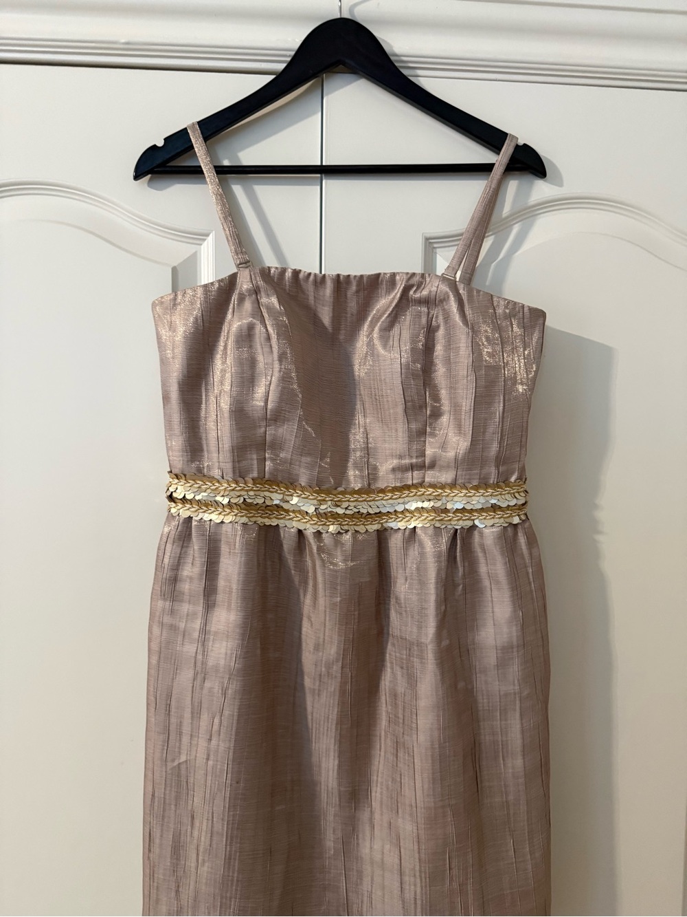 Tahari Convertible Strapless Shimmer Midi Dress with Gold Braid Waist